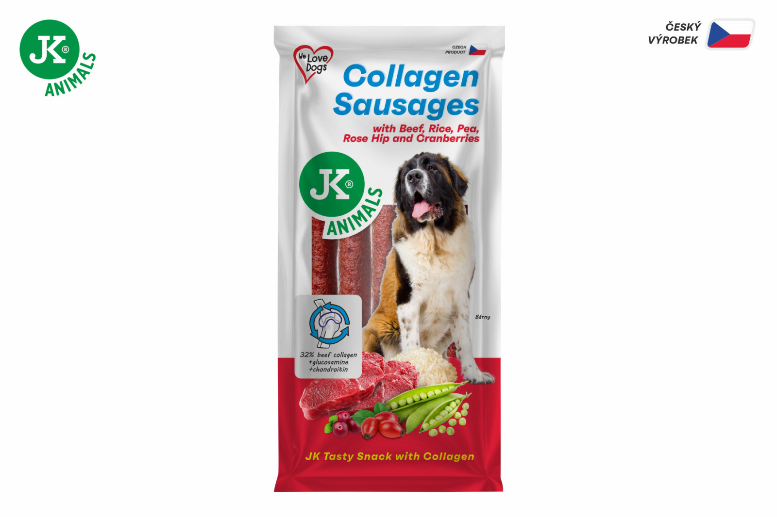 Klobásy s hovězím, kolagenem, rýží, hrachem, šípkem a brusinkami