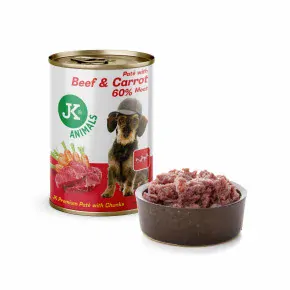 JK Premium Beef & Carrot, Paté with Chunks, 60 % Meat, hovězí s mrkví, prémiová konzerva pro psy, 400 g