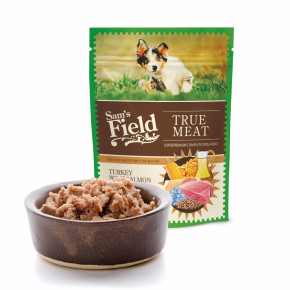 Sam's Field True Meat Turkey with Salmon & Linseed Oil for Puppy, šťavnatá masová kapsička krůtí s lososem a lněným olejem pro štěňata, 260 g (superprémiové kapsičky pro štěňata)