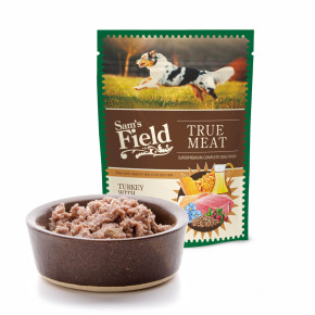 Sam's Field True Meat Turkey with Salmon & Lingonberry, šťavnatá masová kapsička krůtí s lososem a brusinkami pro psy, 260 g (superprémiové kapsičky pro psy)