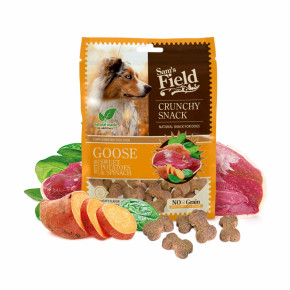 Sam's Field Crunchy Cracker Goose with Sweet Potatoes & Spinach, křupavý husí pamlsek se sladkými bramborami a špenátem pro psy, 200 g (Sams Field masový pamlsek)