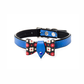 Kožený obojek s mašlí, 30 cm, modrý