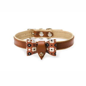 Kožený obojek s mašlí, 30 cm, hnědý