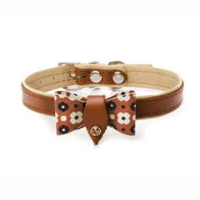 Kožený obojek s mašlí, 40 cm, hnědý