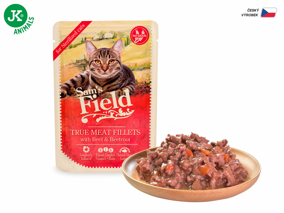 Sams Field True Meat Fillets with Beef & Beetroot for sterilized cats, kapsička pro kočky 85 g (Sam's Field)