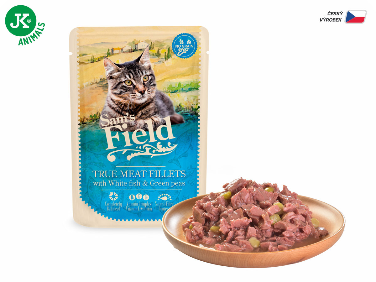 Sams Field True Meat Fillets with White Fish & Green Peas, kapsička pro kočky 85 g (Sam's Field)