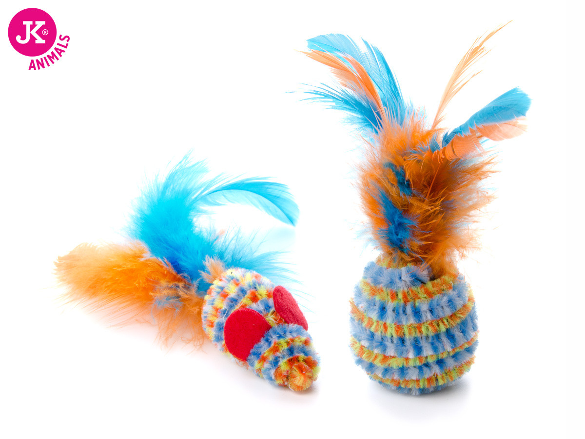 Míček a myška s pírkem, plyšová (plastová) hračka