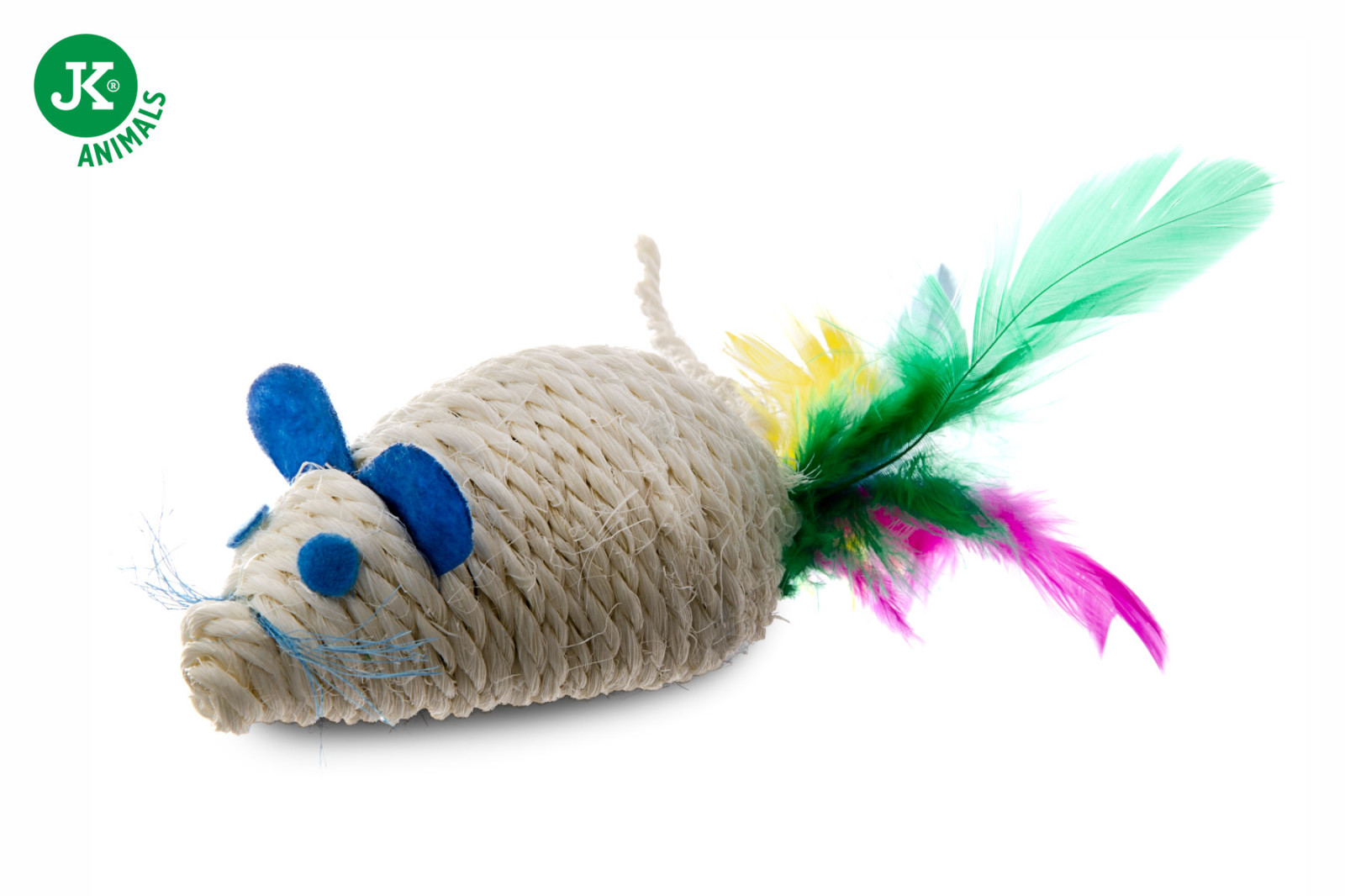 Sisalová chrastící myš s barevnými pírky