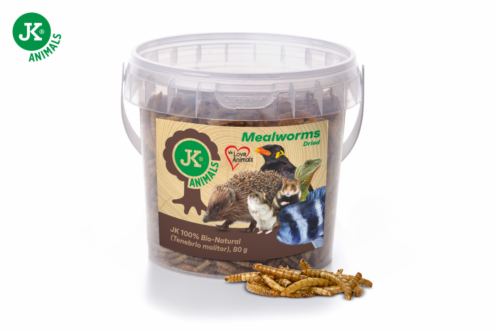 Sušení mouční červi JK Dried Mealworms v kbelíku, 450 g, (Tenebrio Molitor)
