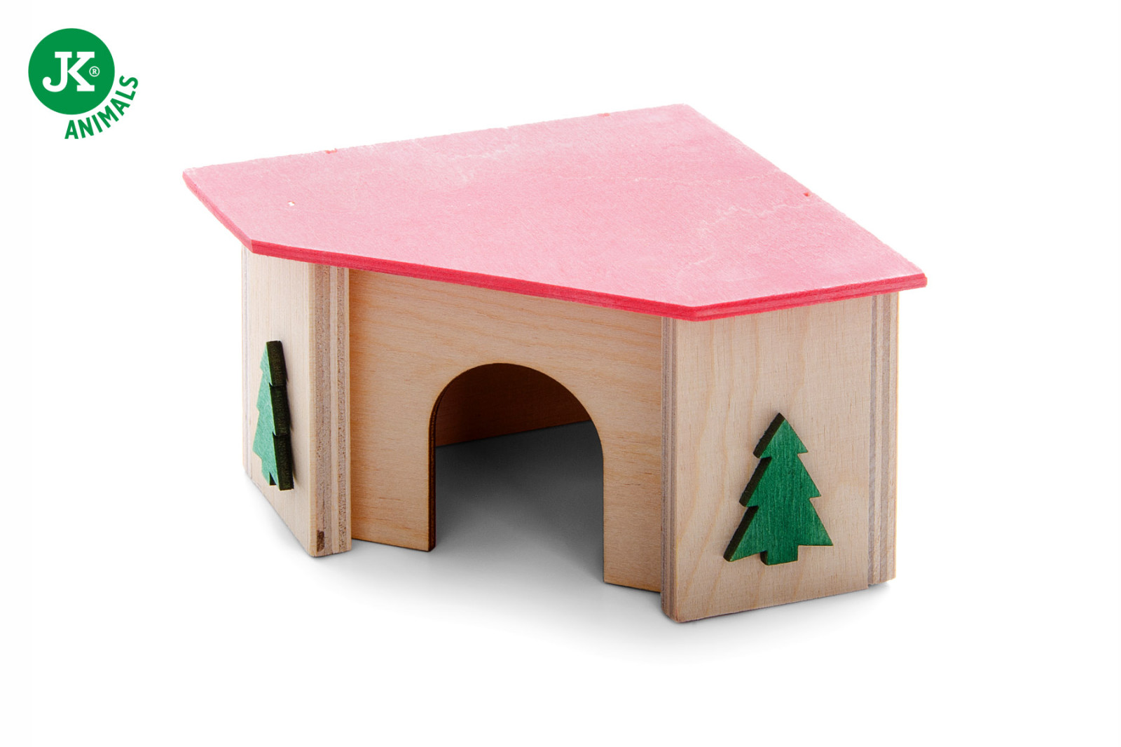 Dřevěný domek se stromky pro křečky, 11×11×7 cm, rohový domek z překližky pro hlodavce