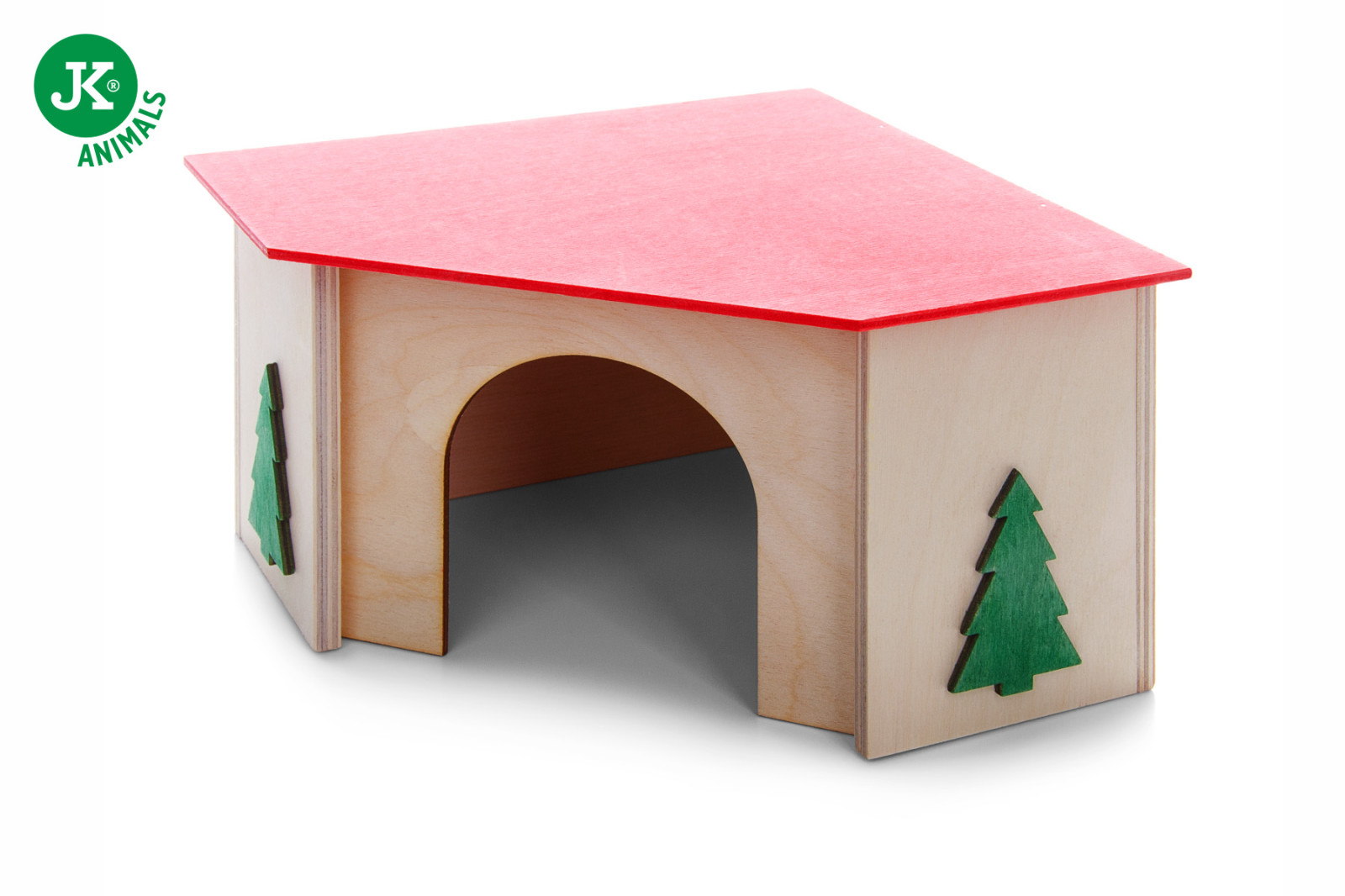 Dřevěný domek se stromky pro morčata, 21×21×13 cm, rohový domek z překližky pro hlodavce