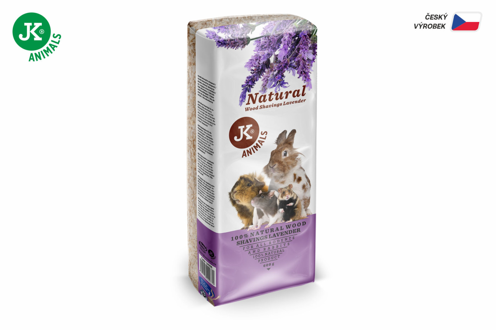 Přírodní dřevěné hobliny s vůní levandule, 0,6 kg, 15 l, podestýlka pro hlodavce a králíky (JK Natural Lavender)